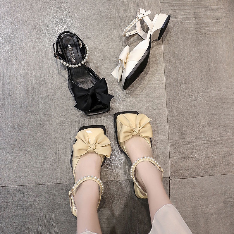Xiaoxiang Sandal Mũi Vuông Gót Thấp Bằng Da Đính Nơ Và Ngọc Trai Thời Trang Mùa Hè Phong Cách Mới Dành Cho Bạn Nữ Sho