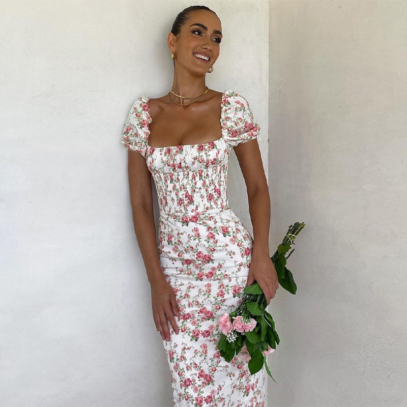 Đầm Hoa Cổ Vuông Xếp Ly Ngắn Tay Thời Trang Nữ Sành Điệu