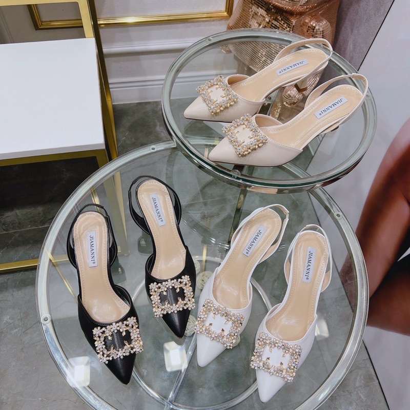 Giày sandal cao gót nữ mũi nhọn da lì tag đá vuông trắng gót nhọn 5cm