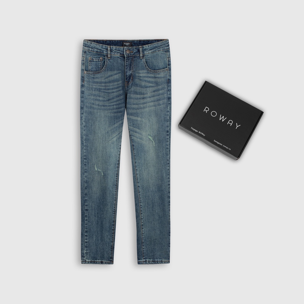 Quần jean nam ROWAY Fullbox, vải denim co giãn nhẹ, form slim | Jean xánh rách