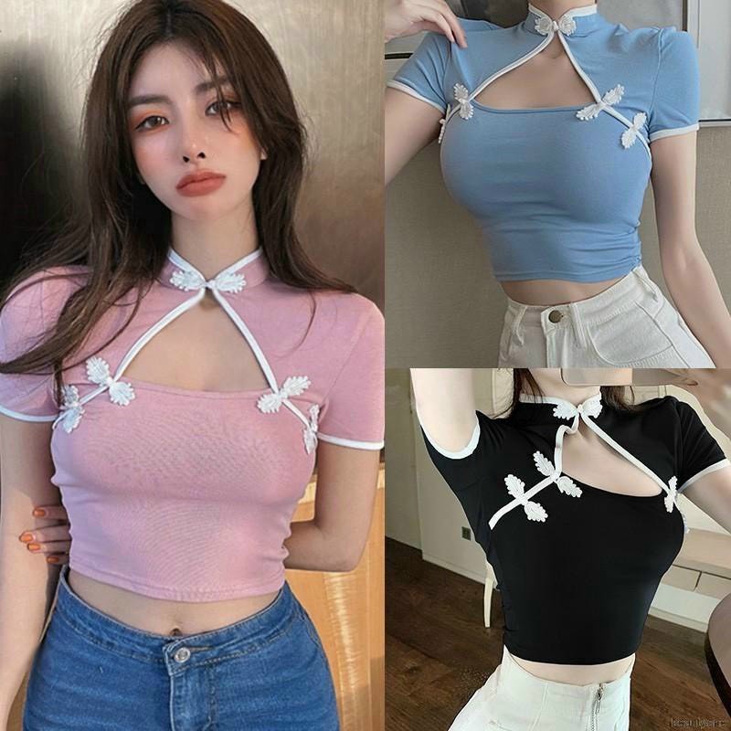 Áo croptop kiểu cổ tàu khoét ngực sexy , chất thun thái dày dặn mềm mịn