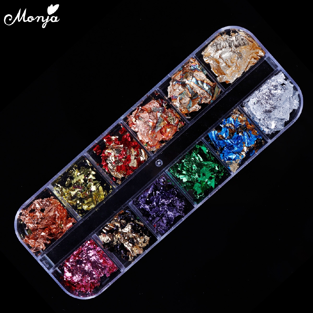 MONJA Hộp Lá Nhôm 12 Ô Nhiều Màu Trang Trí Móng Tay Nghệ Thuật