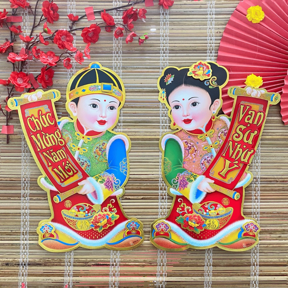 Bộ 2 hình dán nổi hai chú mèo, Cô Bé, Cậu Bé, Thần Tài trang trí tết 2023
