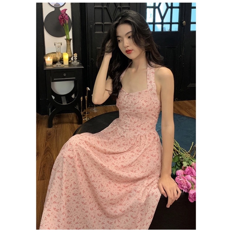 Đầm midi hoa nhí cổ yếm retro tiểu thư phong cách Pháp, váy midi hoa nhí cổ yếm