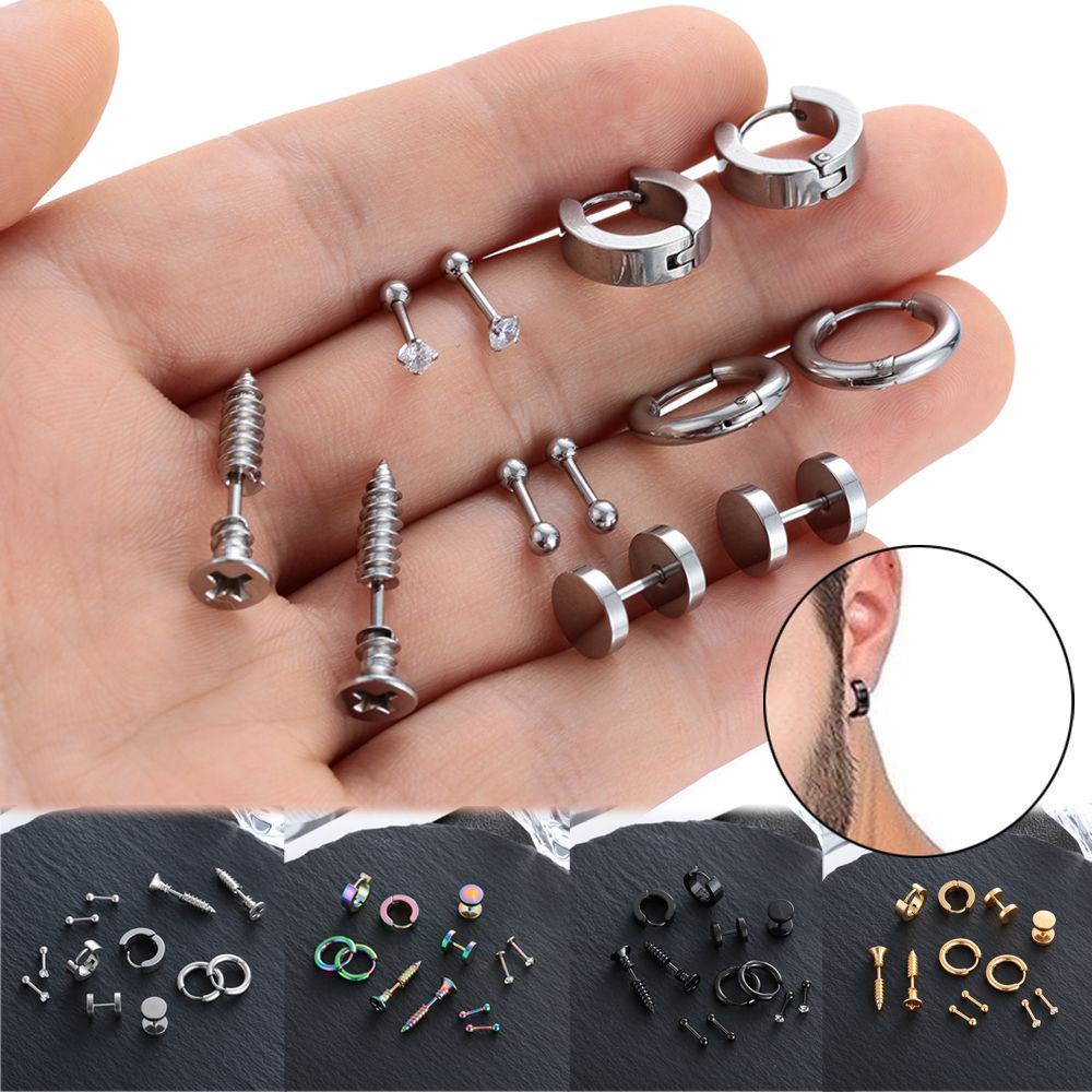 Set 6 đôi khuyên xỏ bằng thép không gỉ nhiều màu tùy chọn phong cách gothic cho nam và nữ
