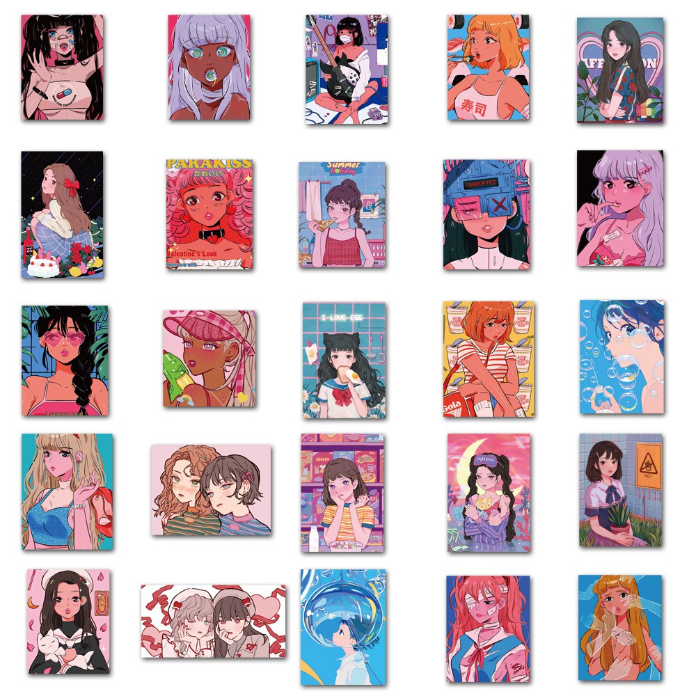 Set 50 chiếc sticker chống nước GIRL HIỆN ĐẠI ART cá tính dán nón bảo hiểm, laptop, vali, xe máy, đàn