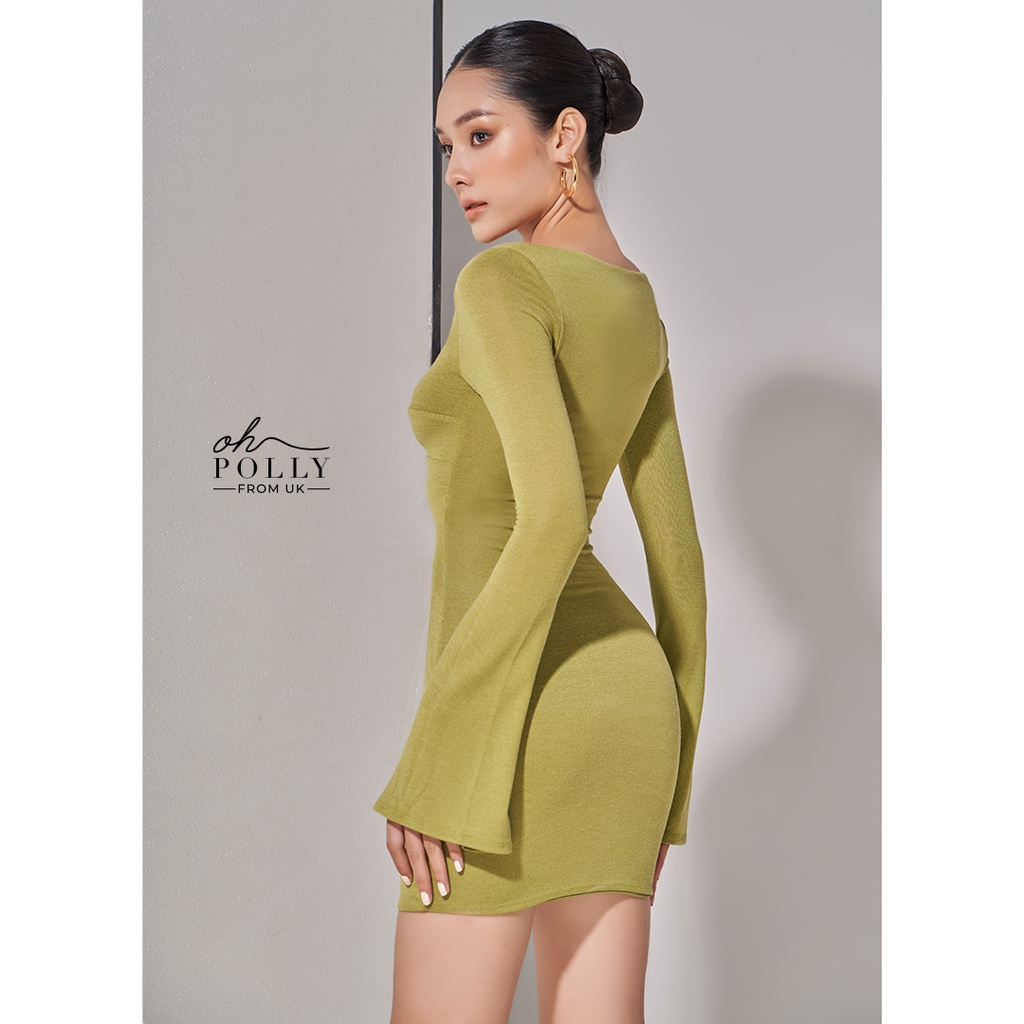 Oh Polly - Đầm dự tiệc cổ chữ v tay dài ống loe sexy, ôm body vải dệt kim co giãn