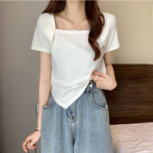 Áo thun SUXI tay ngắn cổ vuông màu trơn dễ phối đồ thời trang mùa hè đơn giản dành cho nữ