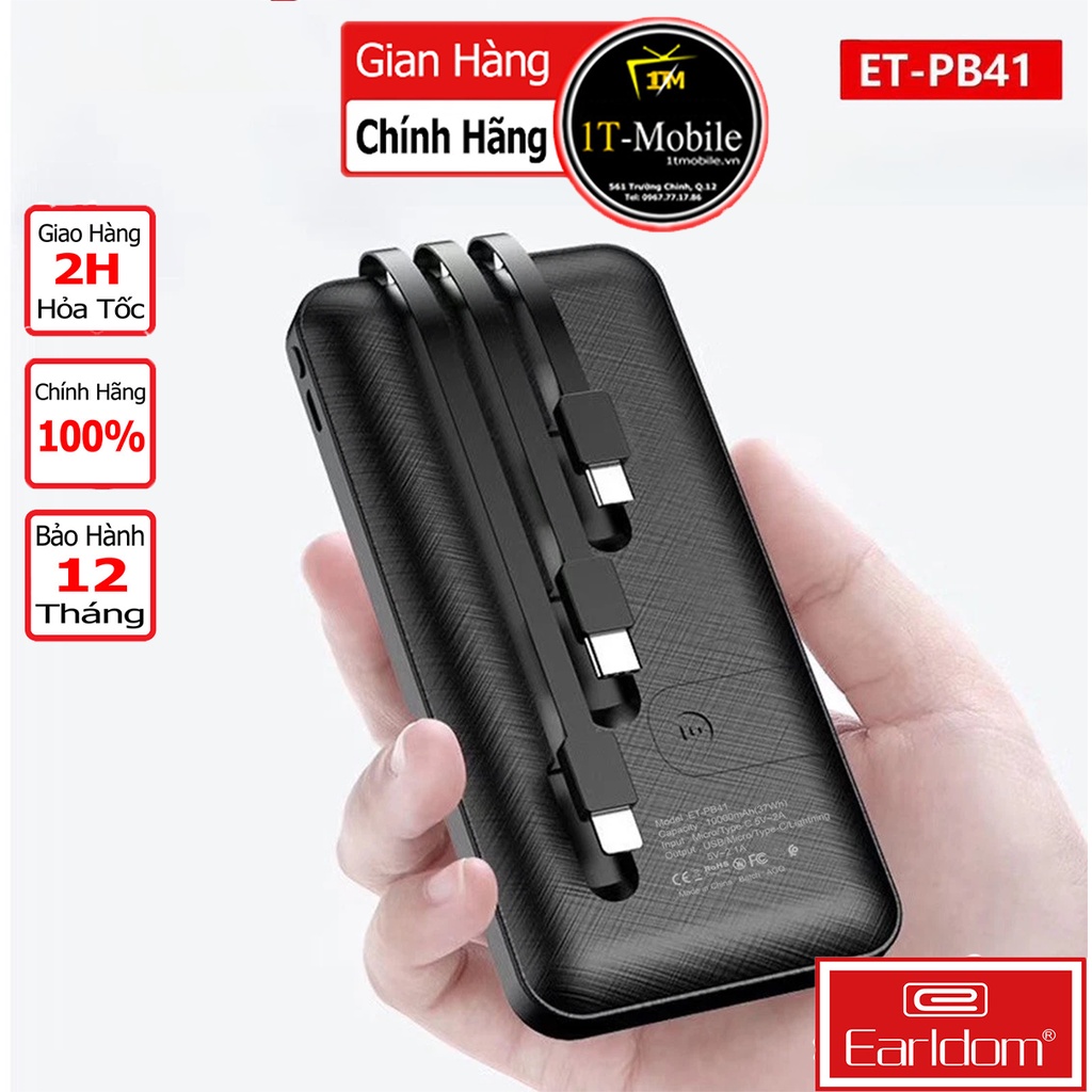 Sạc Dự Phòng Gắn Cáp 3 Đầu Micro TypeC Lning Earldom PB-41, hỗ trợ sạc nhanh 2A, sạc điện thoại từ 2-3 lần.