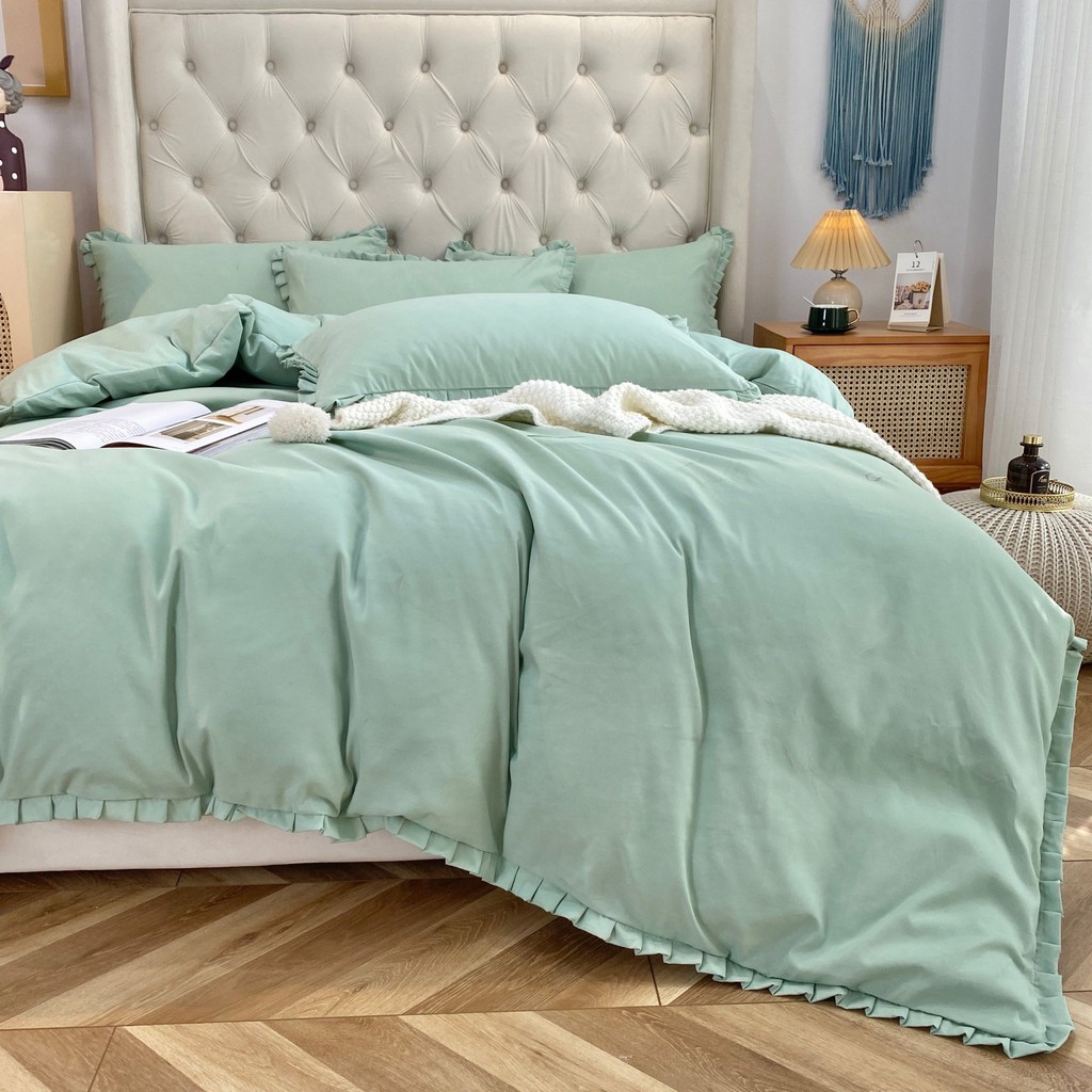 Bộ Chăn Ga Gối Cotton Tici Bèo Lidaco Cao Cấp - Xanh Ngọc