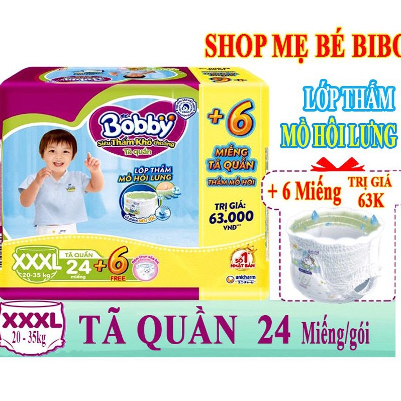 [MẪU MỚI] Tã Quần Bobby Size XXXL 24 miếng dành cho bé 20 đến 35 kg, Rãnh thấm Kim Cương