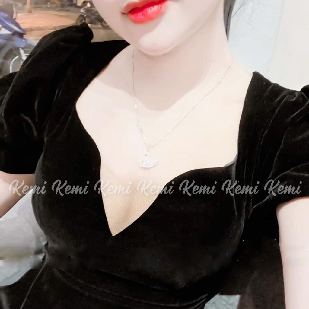 Váy nhung tay bồng xẻ ngực phối lưới đầm bồng bềnh Kemi dáng tiểu thư công chúa dự tiệc sinh nhật dạo phố