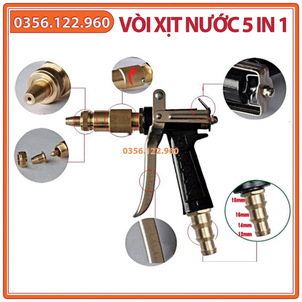 Vòi xịt nước tưới cây, rửa xe áp lực cao - kim loại (5 trong 1)