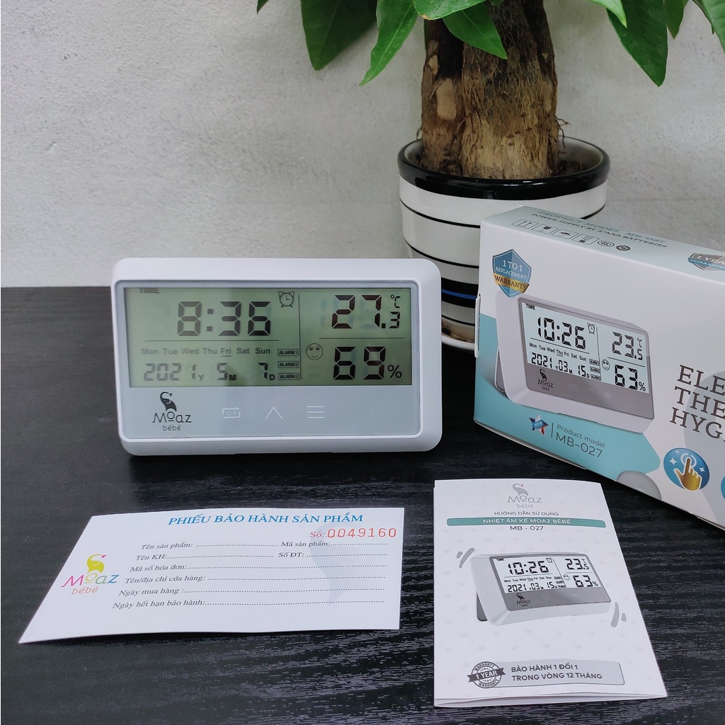 Phiên bản mới nhất Nhiệt kế đo độ ẩm và nhiệt độ phòng Đồng hồ báo thức MOAZ BEBE MB 027 Nhiệt kế đa năng