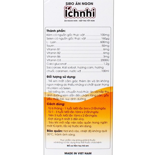 Siro Ăn Ngon Ích Nhi - Bổ sung các vi chất, cải thiện các chứng biếng ăn, giúp ăn ngon miệng và nhanh hơn (100ml).