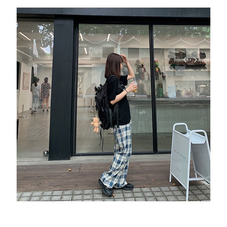 Quần Dài Thể Thao Ống Rộng Họa Tiết Ca Rô Thời Trang Dành Cho Nữ