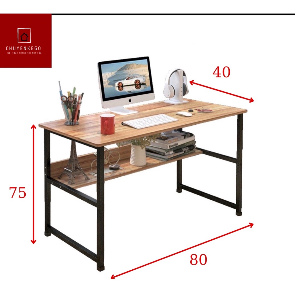 Bàn Học, Bàn Làm Việc Có Kệ Lửng, Khung Thép Đen Tĩnh Điện, Mặt Gỗ MDF Dễ Dàng Lắp Ghép Di Chuyển