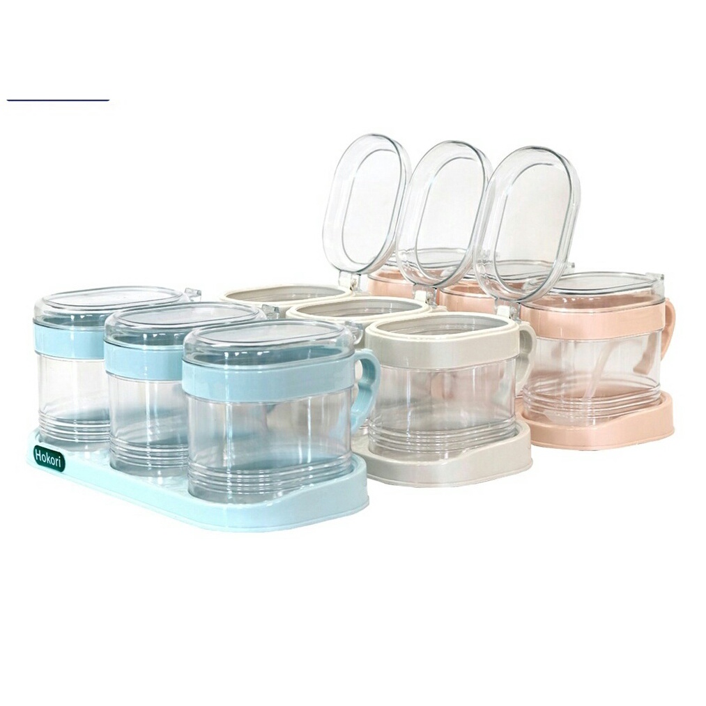 Bộ 3 Lọ Gia Vị Kèm Thìa Có Nắp Đậy Cao Cấp Hokori Việt Nhật, Hũ Đựng Gia Vị Nhựa Kính Cỡ Lớn Kiểu Dáng Sang Trọng