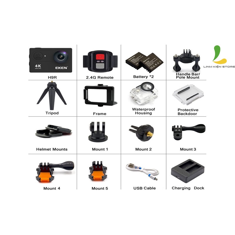 Combo Camera Hành Trình HOSAN Eken H9R ver 8.1 Pin Dự Phòng,  Dock Sạc Đôi và tripod , Quay video 4K