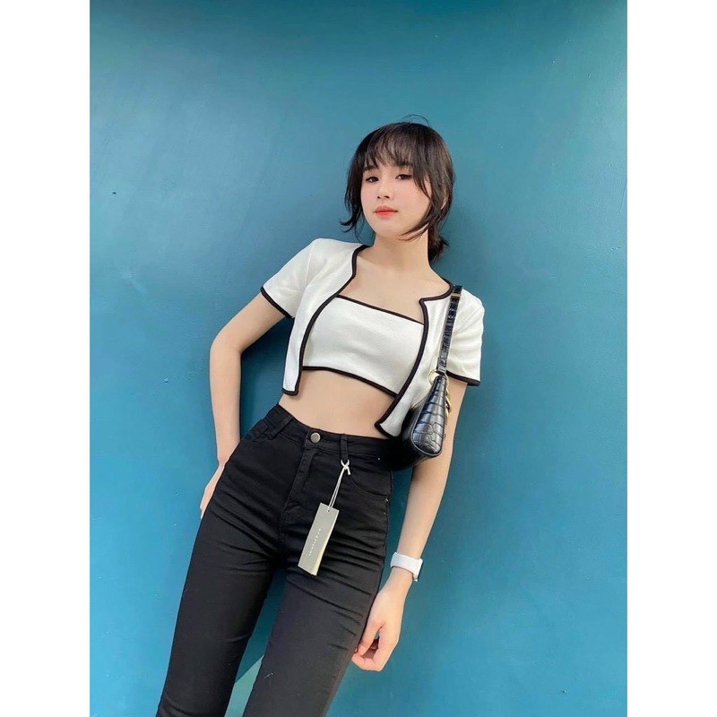 Set 2 Áo Croptop Ống Lót Ngực Trong Ôm Body Áo Khoác Tay Ngắn Viền Màu Đen Trắng Xanh Hồng Đỏ Vàng DRACR18