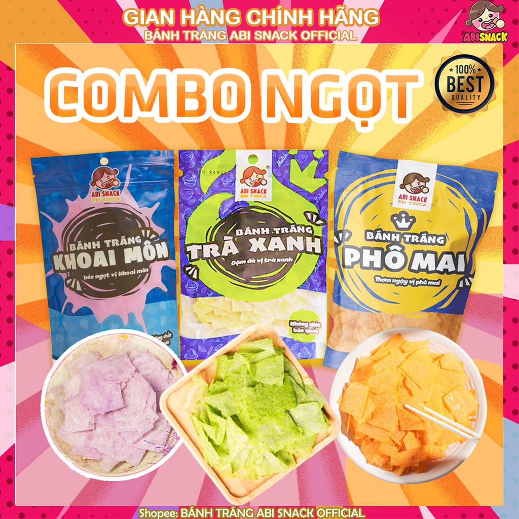 Combo Ngọt 3 bịch bánh tráng Abi (1 Phô Mai 1 Trà Xanh 1 Khoai Môn ) Ăn Chay Được