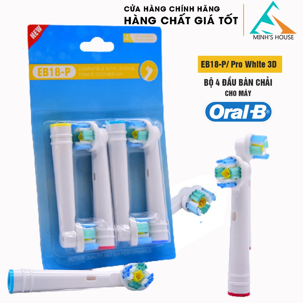 Oral-B EB18-P New 𝗣𝗿𝗼 𝗪𝗵𝗶𝘁𝗲 𝟯𝗗, set bộ 4 Đầu Bàn Chải đánh răng điện thay thế Minh House