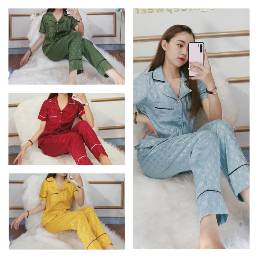 Set lụa gấm Đồ bộ áo tay ngắn và quần dài nhiều màu họa tiết chữ