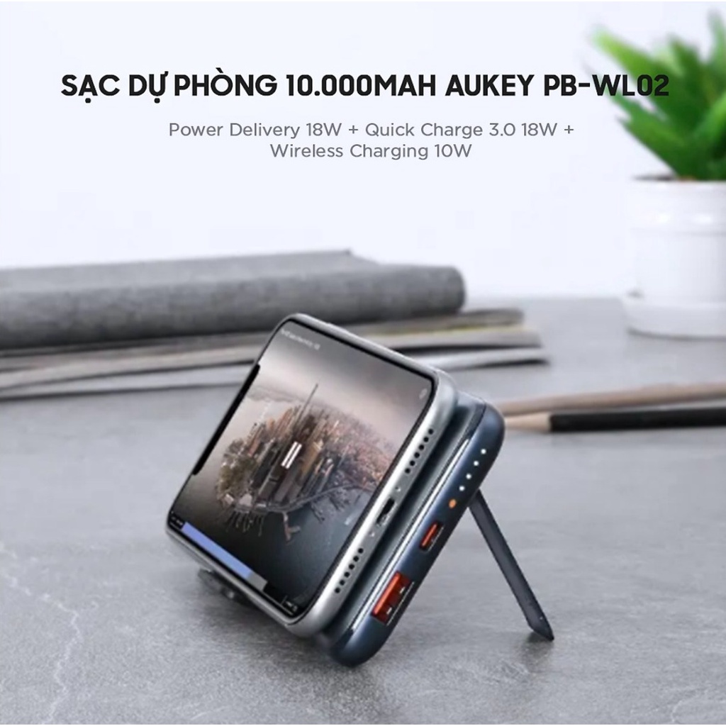 Sạc dự phòng không dây Aukey PB-WL02 10000mAh PB-WL03 20000mAh, Sạc Nhanh iPhone PD 18W,QC 3.0,Sạc Không Dây 5W 7.5W 10W