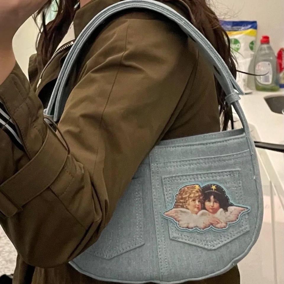 ⭐Còn Hàng ⭐ Túi tote denim Thêu Hình Thiên Thần Phong Cách Ý niche Cho Nữ