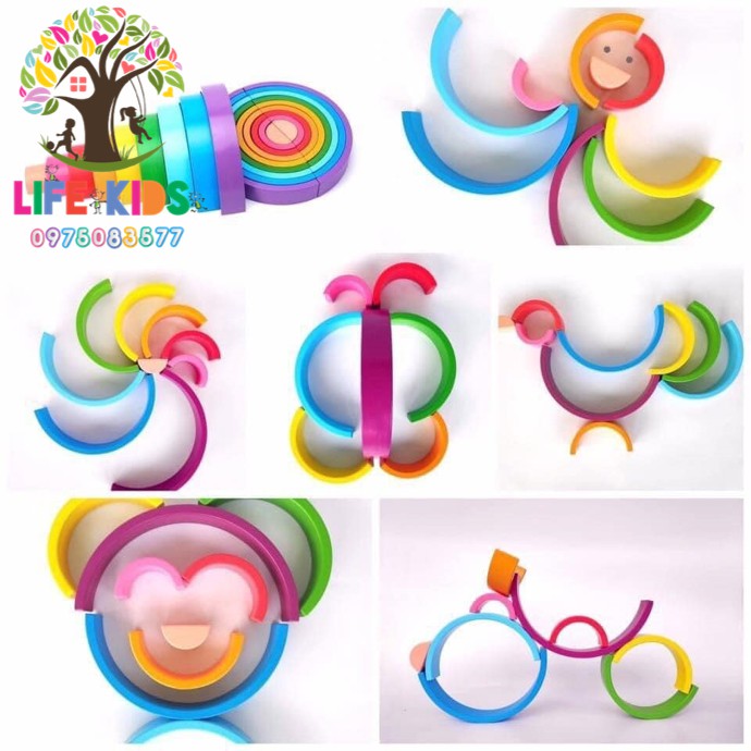 Giáo cụ montessori -Xếp hình cầu vồng- đồ chơi gỗ -kèm học liệu -kích thích tư duy, sáng tạo, an toàn - hàng xuat khau