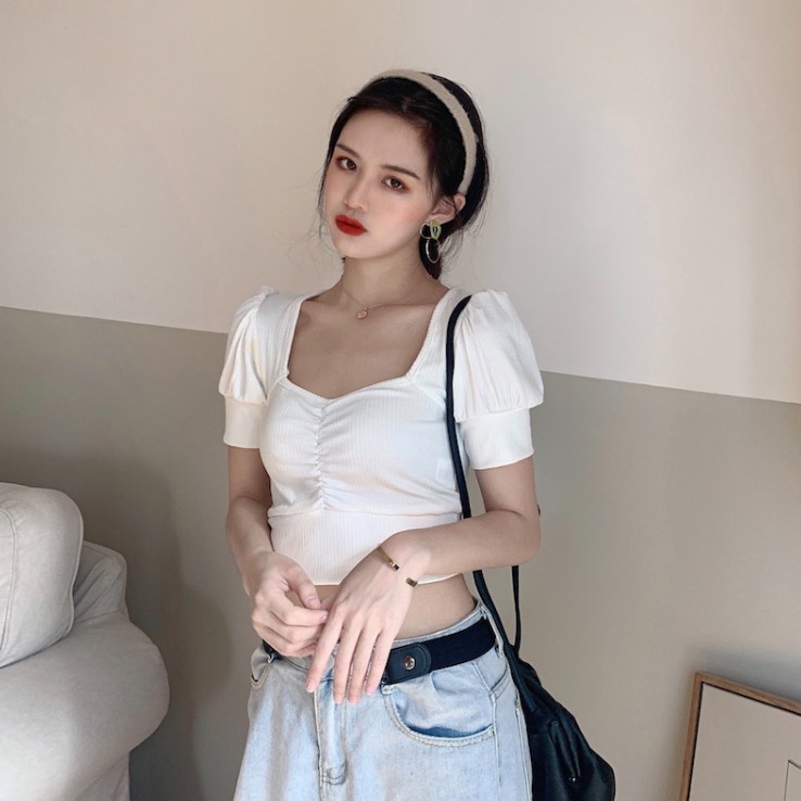 Happy-store ❤️ Áo croptop Tay Ngắn trễ vai xinh xắn dành Hàn Quốc 2 Màu Tùy Chọn Cho Nữ