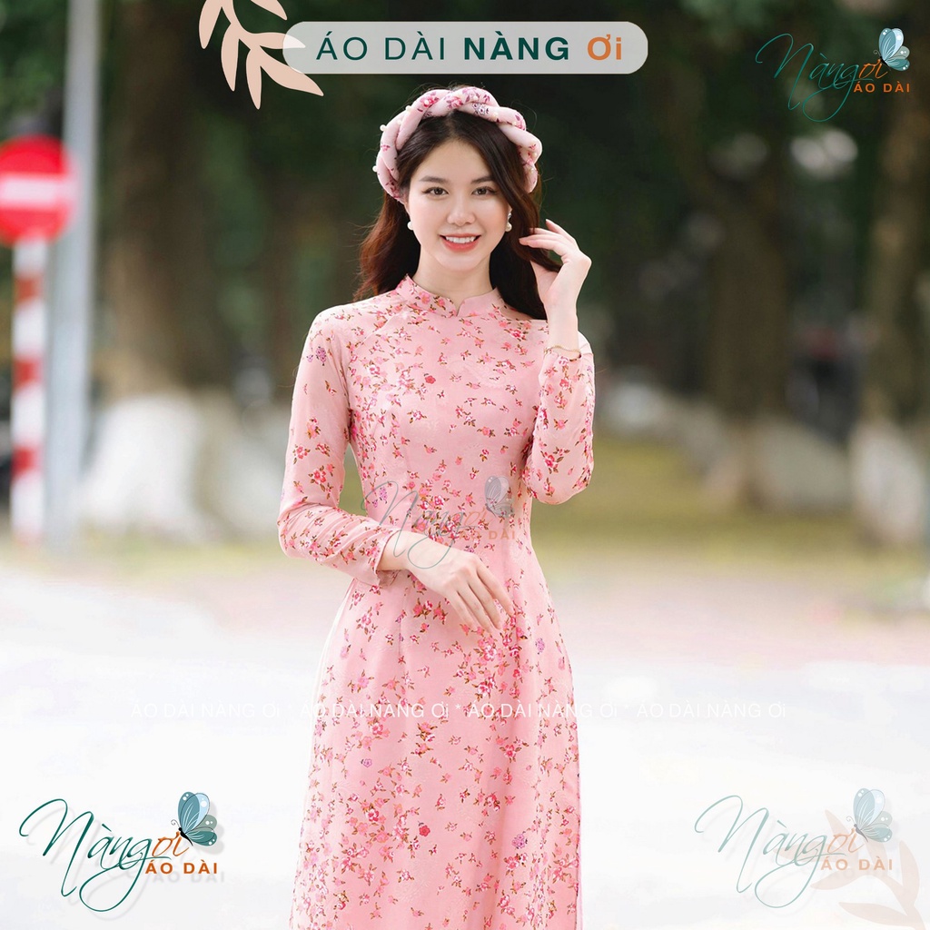 Áo dài hoa nhí hồng 4 tà truyền thống Tiệm 90 may sẵn vải áo dài lụa tơ ép dự tiệc lễ tết đẹp AD90035