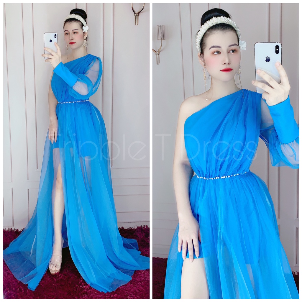 Đầm maxi dự tiệc lệch vai tay dài kết ngọc TRIPBLE T DRESS - size M/L (ảnh/video thật) MS132V