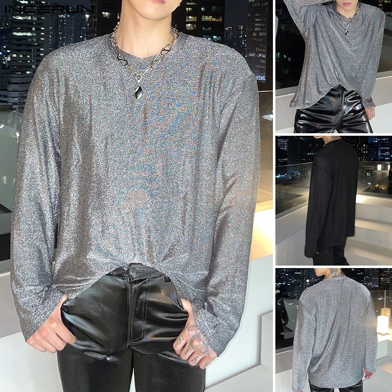 INCERUN Áo Thun Tay Dài Cổ Tròn Trong Suốt Sáng Bóng Cho Nam