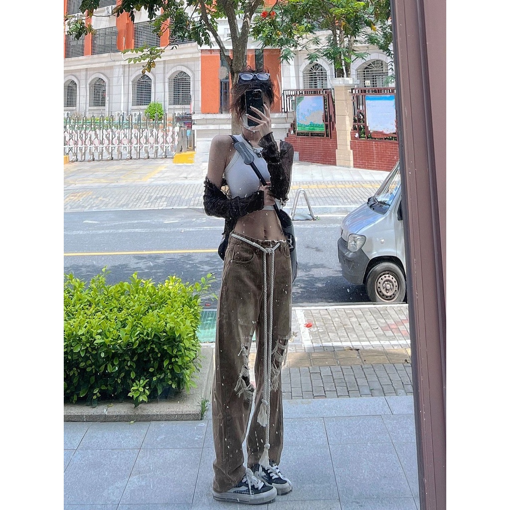 Jiashucheng Quần Jean Nữ Lưng Cao Dáng Rộng Rách Gối Cá Tính