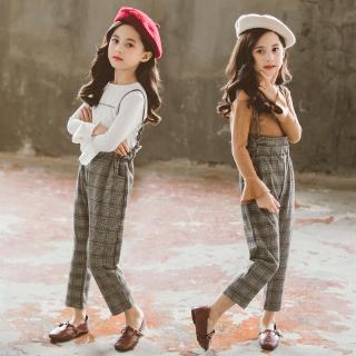 Áo thun tay dài & quần yếm cho bé gái phong cách Hàn Quốc