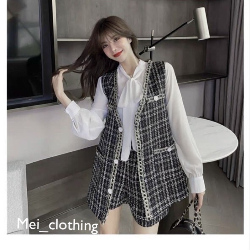 [ Ảnh thật/video] Set dạ tweed 3 món gồm quần short, áo gile và sơmi sang chảnh