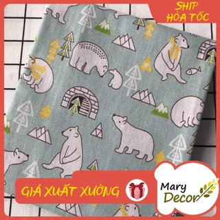 Vải linen họa tiết Gấu xanh nhạt V-H01
