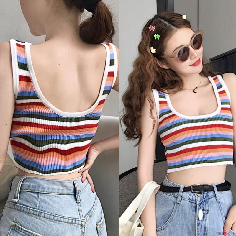 Áo Hai Dây Kẻ Sọc Cầu Vồng Xinh Xắn Cho Nữ