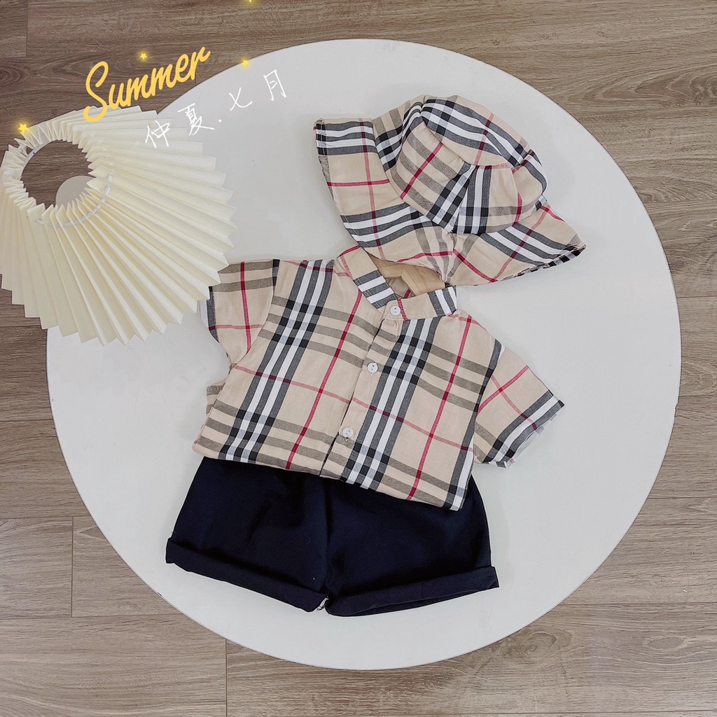 Bộ sơ mi BBR+ mũ bèo quần kaki mềm dành cho bé trai