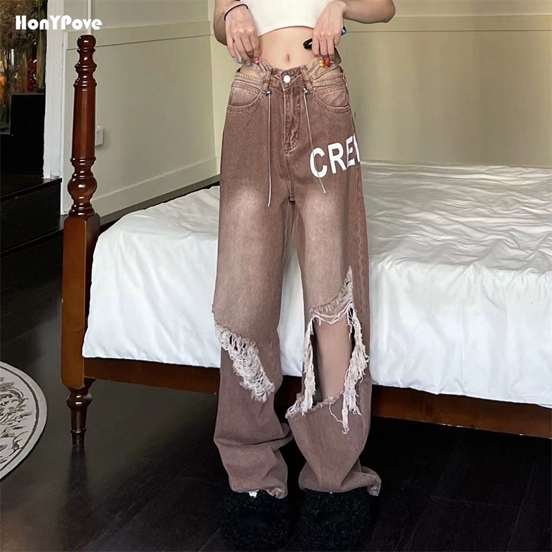 Honypove Quần Jeans Nữ Dài Lưng Cao Ống Rộng Thời Trang Hàn