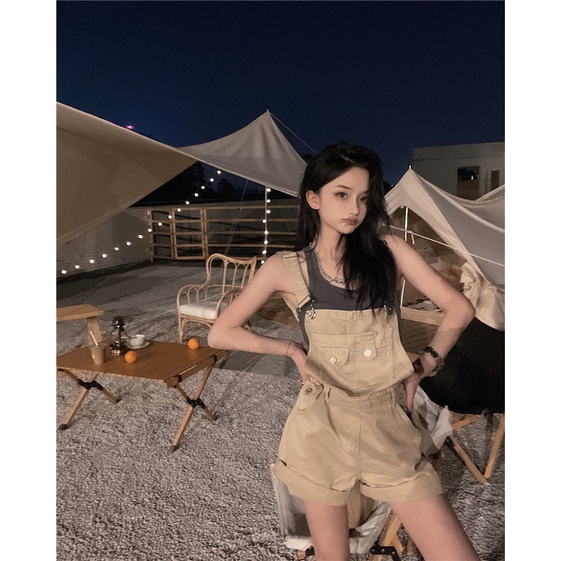 Quần Yếm denim Ngắn Ống Rộng Lưng Cao Thời Trang Mùa Hè Cho Nữ