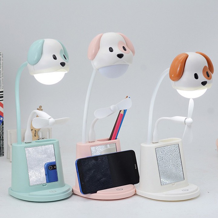 Đèn học chống cận thị cho trẻ em hình thú dễ thương có quạt USB và khe cài điện thoại