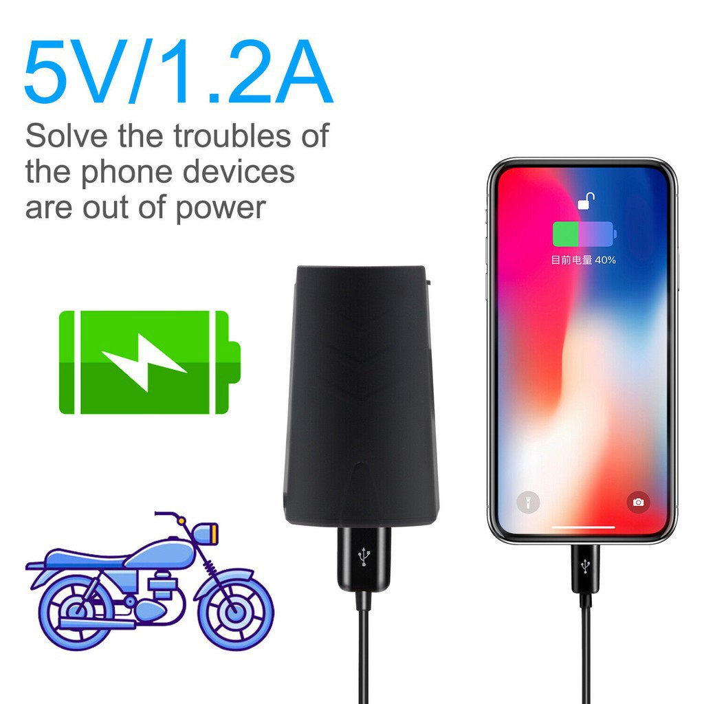 ☂☌✿Bộ sạc xe máy chống nước 12V-24V Moto Gương chiếu hậu USB Ổ cắm chuyển đổi điện với 110cm Phụ kiện