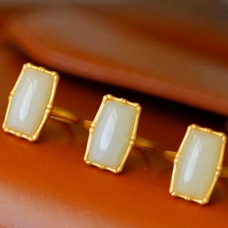 Nhẫn Mở Hình Đốt Tre Màu Trắng Ngọc Bích Phong Cách Cổ Điển Thời Trang Cho Nữ