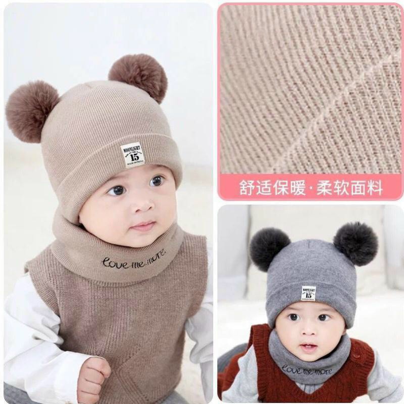 [Khăn +Mũ] Sét Mũ len 2 quả bông kèm khăn cho bé ( loại khăn +mũ)