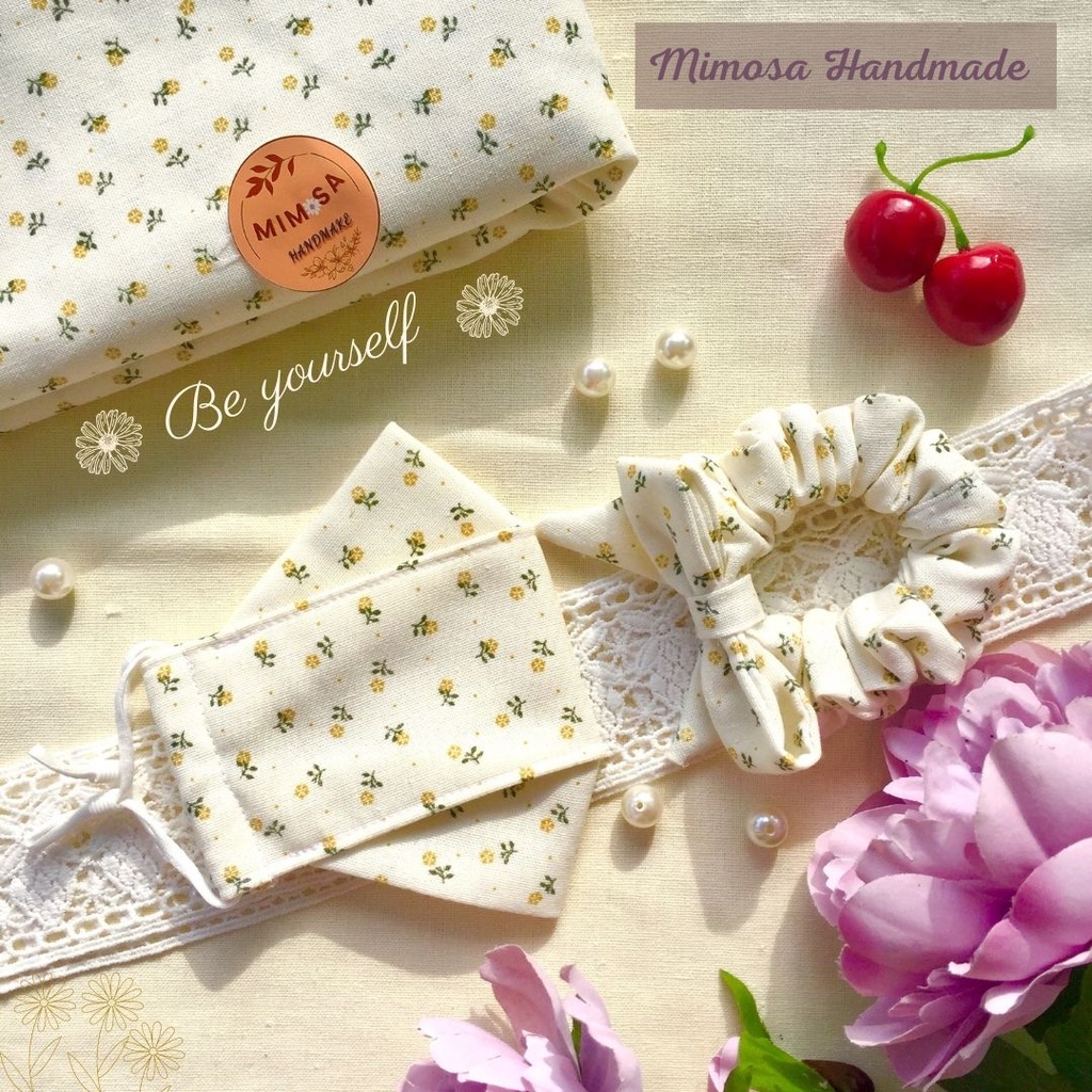 Combo khẩu trang vải 3D Linen + Scrunchies nơ họa tiết hoa nhí vintage