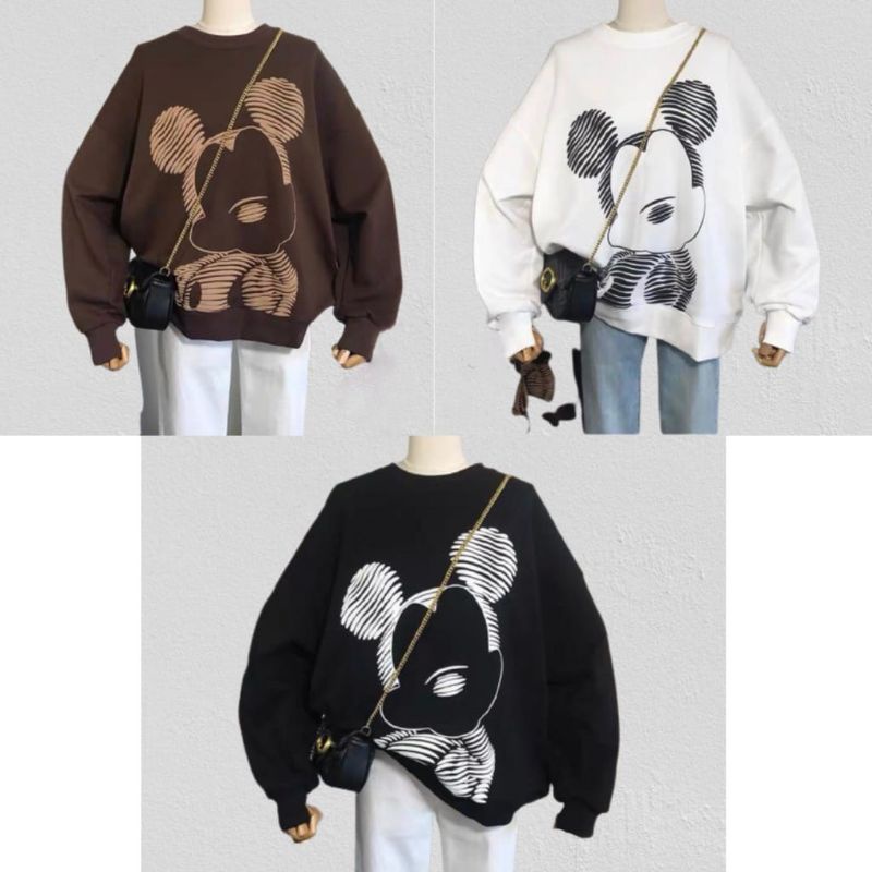 DISNEY Áo SWEATER OVERSIZE OVERSIZE Hình MICKEY Phác Thảo MIKE / Áo Len Dài Tay Dáng Rộng