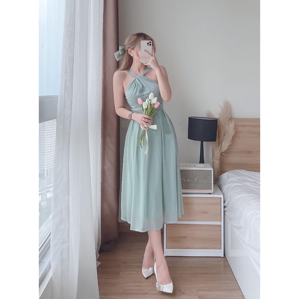 Đầm Dự Tiệc Cổ Yếm Xoắn Ngực Chéo Vai Dáng Xòe Có Mút Ngực + Lót Toàn Thân - 2 Màu Trắng, Xanh - Vải Tơ - Mã Hàng ETO203