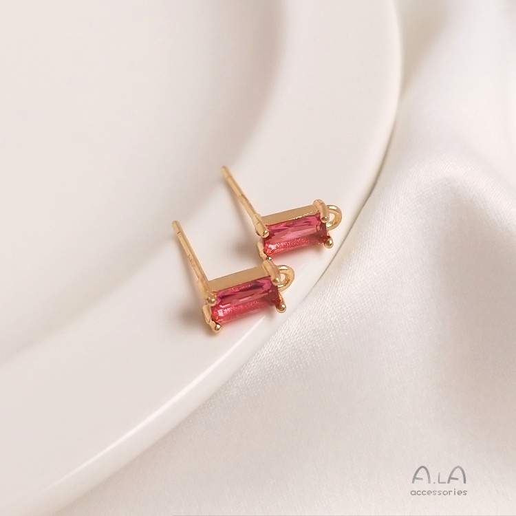 [Little Blu] Khuyên Tai Xỏ Lỗ Hình Chữ Nhật Bằng Đồng Bạc 925 14K Dát Zircon Màu Sắc Zircon Hình Chữ Nhật Có Dây Treo